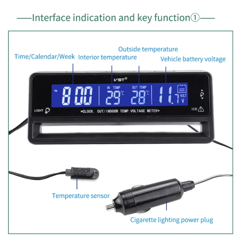 Indoor Outdoor Car Digital Voltmeter Thermometer LED Backlight Alarm Clock Temperature Sensor Tester For Traveling Camping