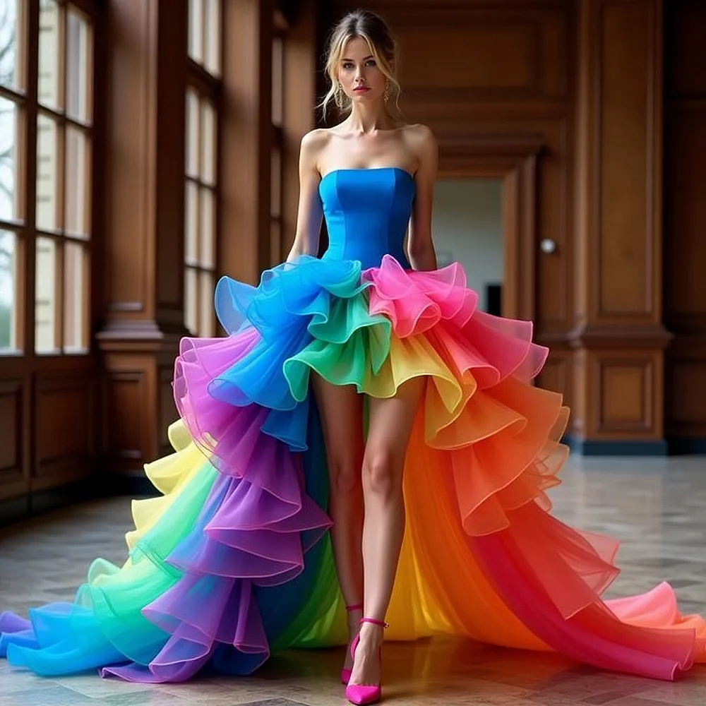 

Colorful High Low Bridal Dresses For Women Ruffles Tiered Strapless Corset Back Yong Girls Graduation Gowns Teens Birthday Dress