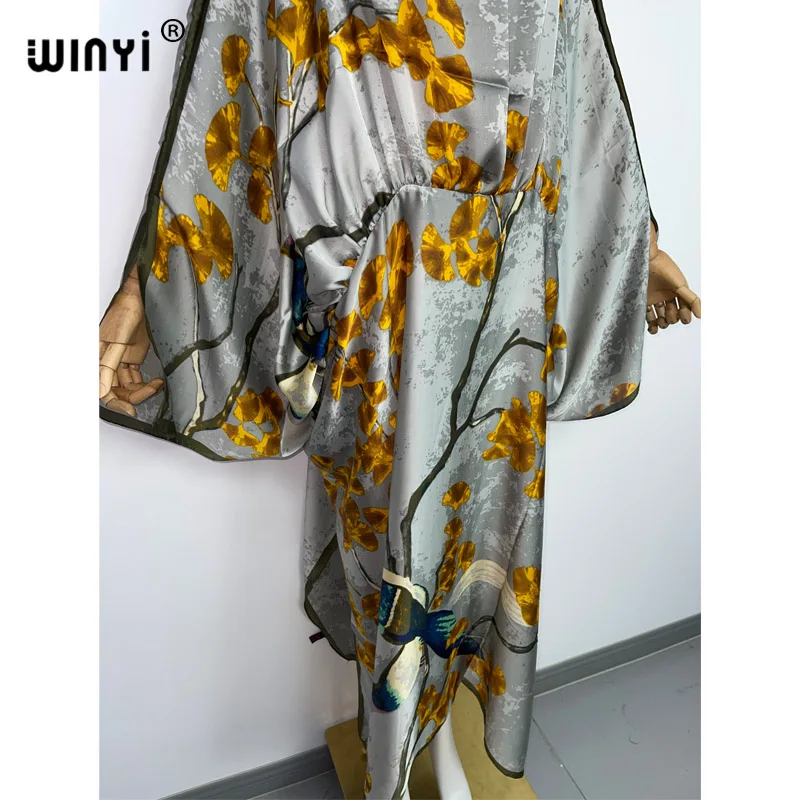 WINYI 2022 fashion Printed Party Long Dress Women Silky Elegant kaftan one Neck long Sleeve Dress Ladies Fashion Beach Dresses