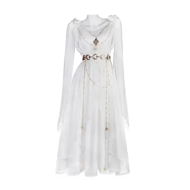 الله اليونانية الحلو خمر فستان جنية بيضاء المرأة الصيف المحكمة نمط هان عناصر الشيفون أنيقة العائمة حزام فساتين طويلة