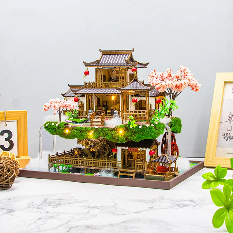 Modello di edificio in miniatura da cortile vintage per casa delle bambole in legno fai-da-te con kit di mobili Grande villa assemblare giocattolo regalo per bambini per adulti