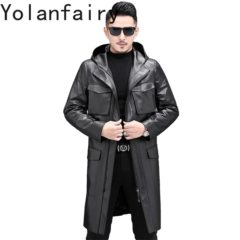 YOLANFAIRY Men's Sheep Leather Windbreaker Genuine Leather Jacket Men Hooded Hunting Coat Multiple Pockets Long Coat Jackets