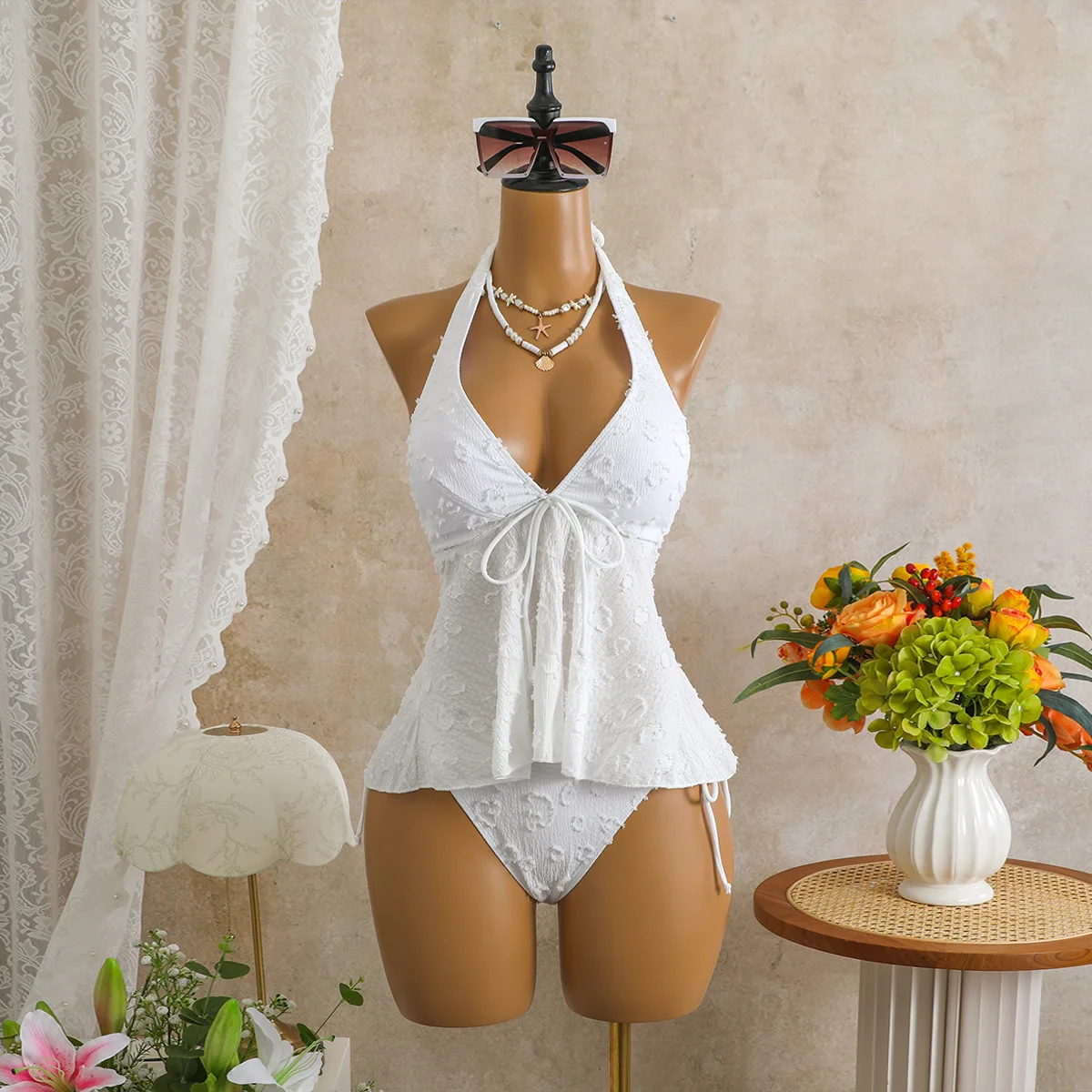 sexy halter back tie bikinis sets two pieces deep v-neck vest plain swimsuits beachwear bathing suit swimwear biquini tankini