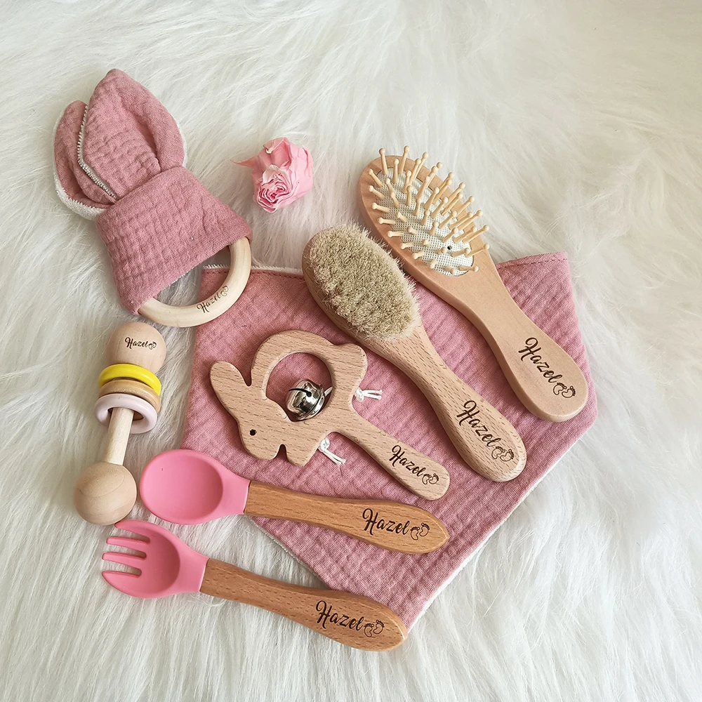 Juego de regalo de juguete de baño para recién nacido con nombre personalizado, sonajero para bebé, recuerdos para bebé, 0-12 meses de edad, regalos para niños y niñas, juego de 8 piezas