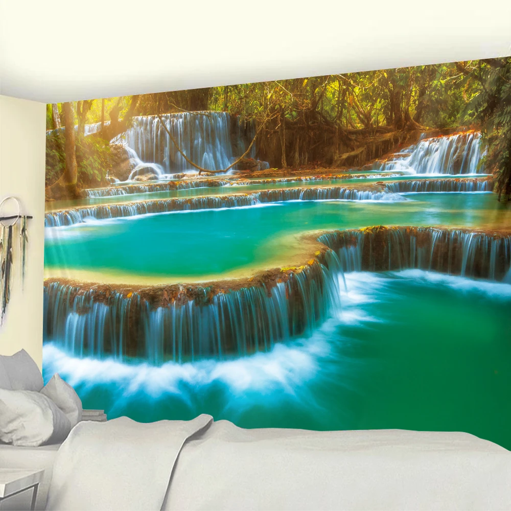 Waterfall Art Tapestry Forest Printed Large Wall Tapestries   Poster Living Room Bedroom Decoration Curtain Blanket Tapiz