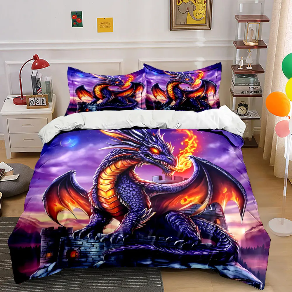 Purple dragon breathes fire on tower Print Bedding Set 1 Duvet Cover 2 Pillowcases for Adult and Children Luxury Gift Full Size