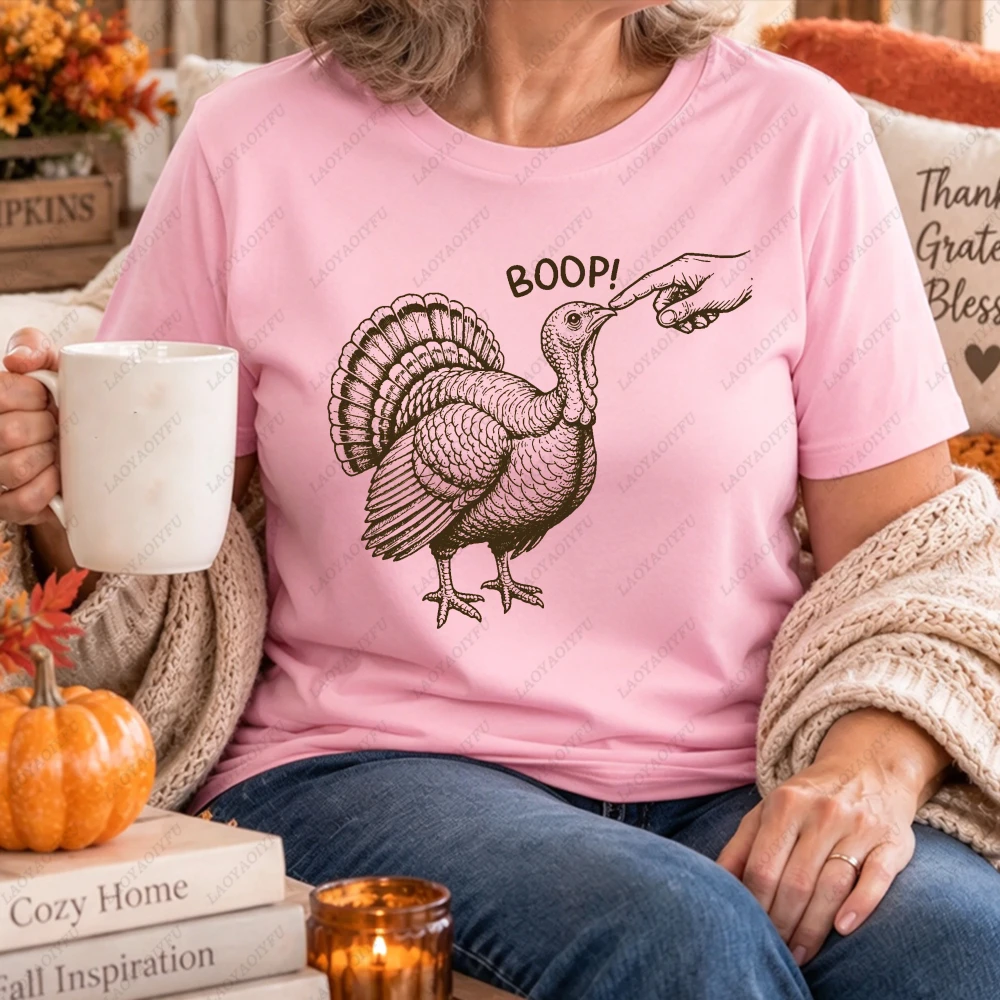 Funny Turkey Boop Thanksgiving Graphic Women Casual Short Sleeve Cotton T-Shirt Vintage Humor Fall Family Thanksgiving Top