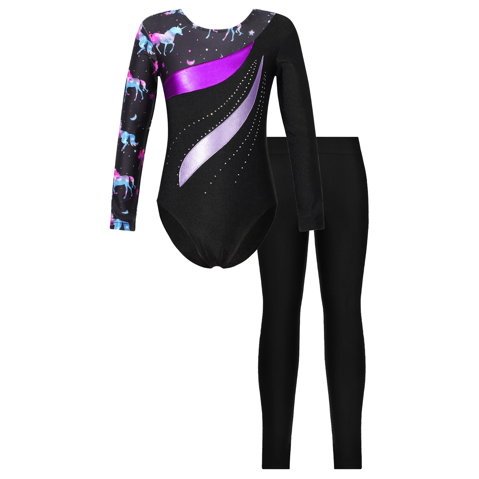 Kids Girls Long Sleeve Shiny Rhinestones Printed Ballet Leotard with Leggings Dancewear Sets for Skating Gymnastics Jumpsuit