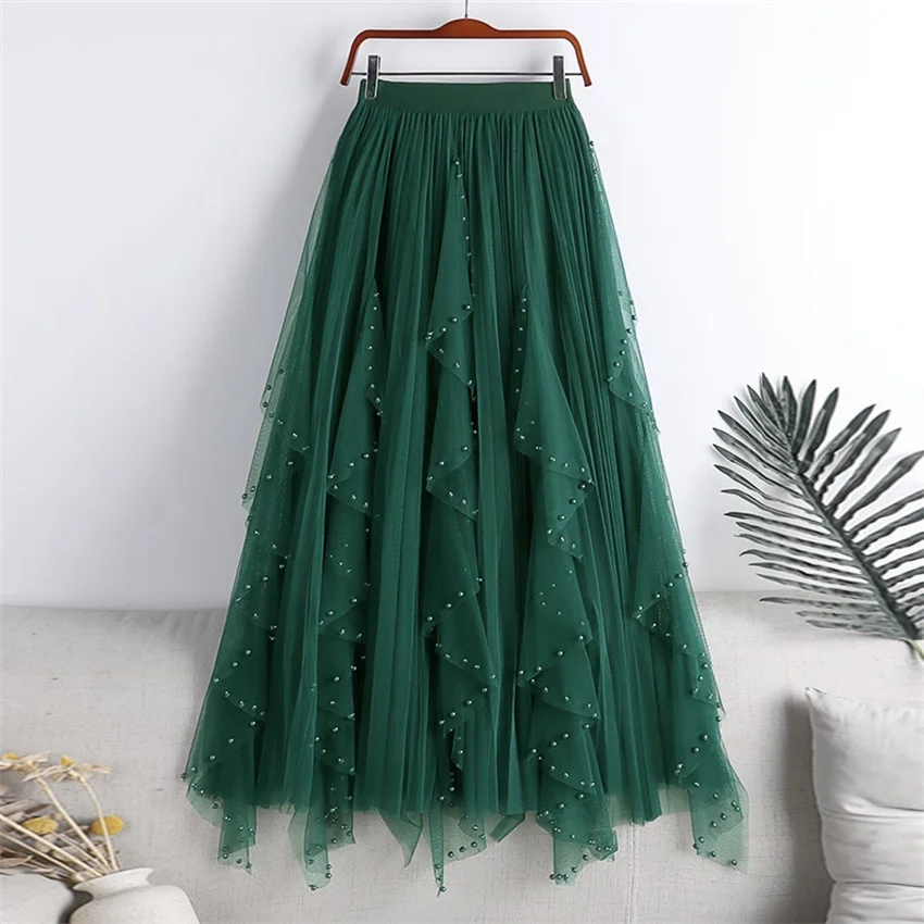 Gowyimme New Spring Autumn Fahion Women High Waist Pleated Skirt Girl Midi-long A-line Solid Beading Skirts Bottomings  PD1843