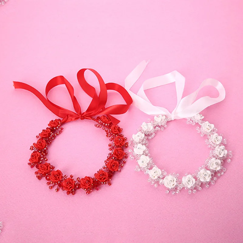 White Ceramic Flower Headband With Ribbon Wreath Wedding Party Ladies Girls Garlands Floral Crown Hairband TEN Elegant