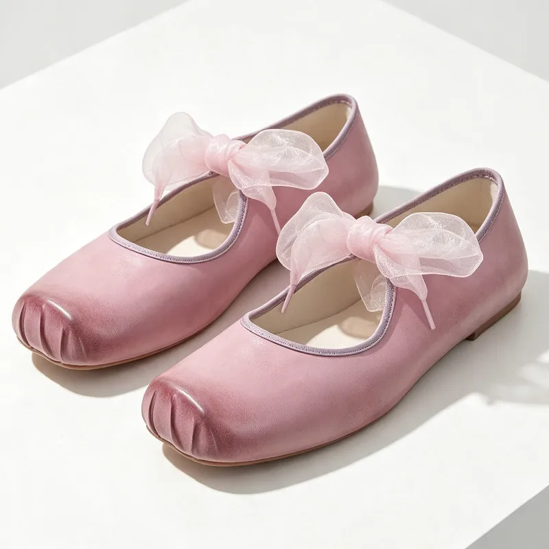 Retro Square Toe Lace Up Mary Jane Shoes Women Pumps Comfortable Soft Designer Ballet Flats Elegant Party Dress Shoes for Girls