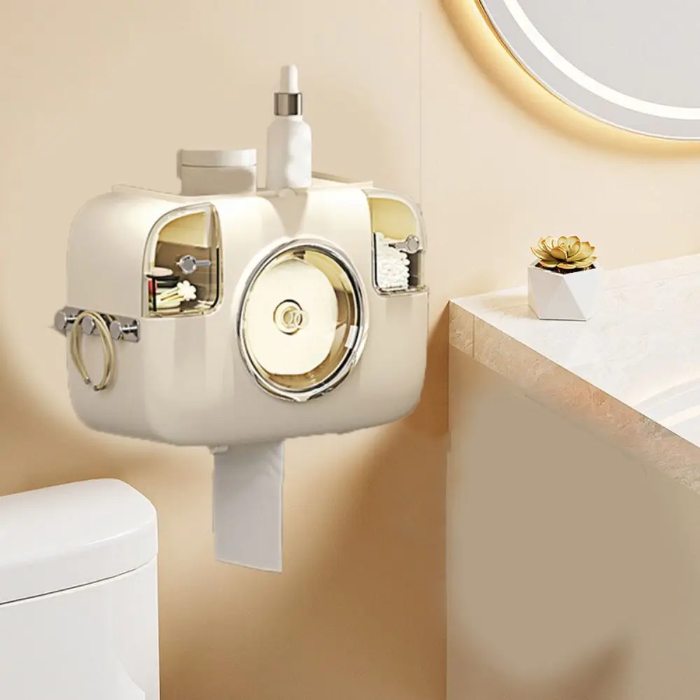 

Plastic Toilet Paper Holder Punch-Free Wall Mounted Face Towel Storage Box with Hooks Waterproof Washcloth Organizer Bathroom