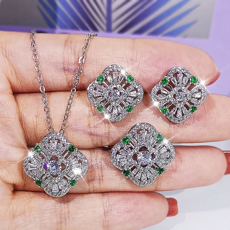 Clover Crystal Emerald Gemstones Zircon Wedding Jewelry Sets for Women 18k White Gold Color Pendant Earrings Party Wedding Set