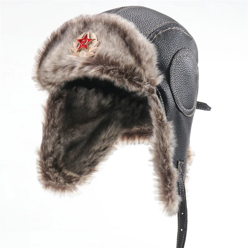 

CAMOLAND Winter Bomber Hats Soviet Badge Russia Ushanka Hat For Women Men Outdoor Windproof Faux Fur Earflap Caps Snow Cap