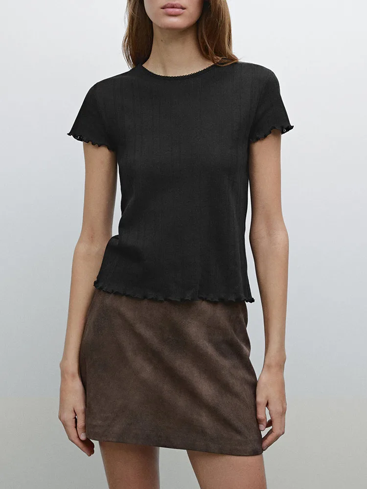 Sweet Hollow out Skin-Friendly round Ne ort Sve T-irt New Summer 2025 Women's Faion Commute Sle Slim Fit Pure Color