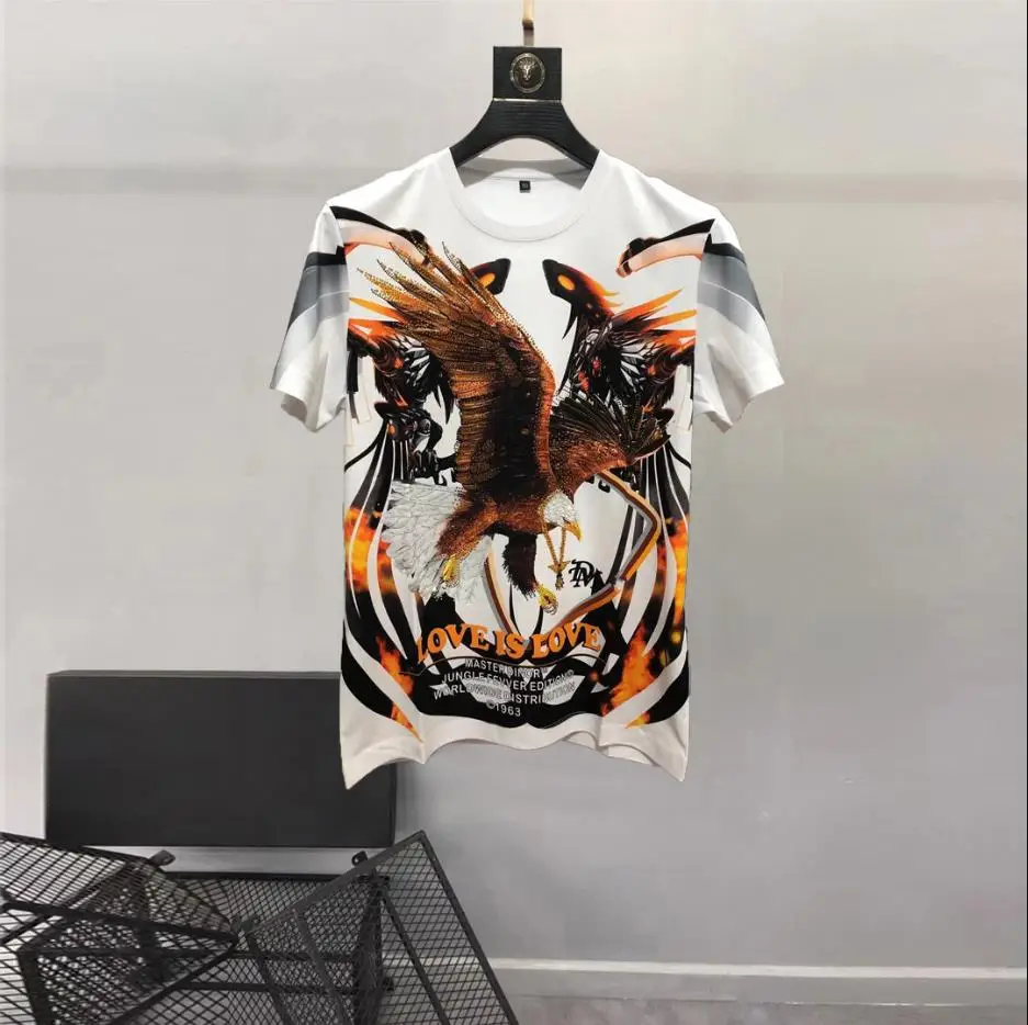 

European and American men's 2023 summer new Round neck Short sleeve Fashion hot Drill Eagle Print T-shirt