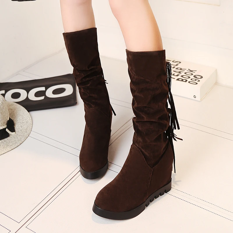 2024 new spring antumn women mid-calf boots plus size 22-26.5cm flock upper Internal elevation tassel round toe women's boots