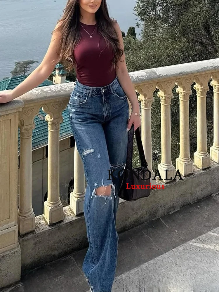 KONDALA 2025 جينز نسائي غير رسمي بثقوب ممزقة من قماش الدنيم موضة عالية الخصر بأزرار ملابس الشارع الشهير سراويل طويلة سراويل نسائية عتيقة