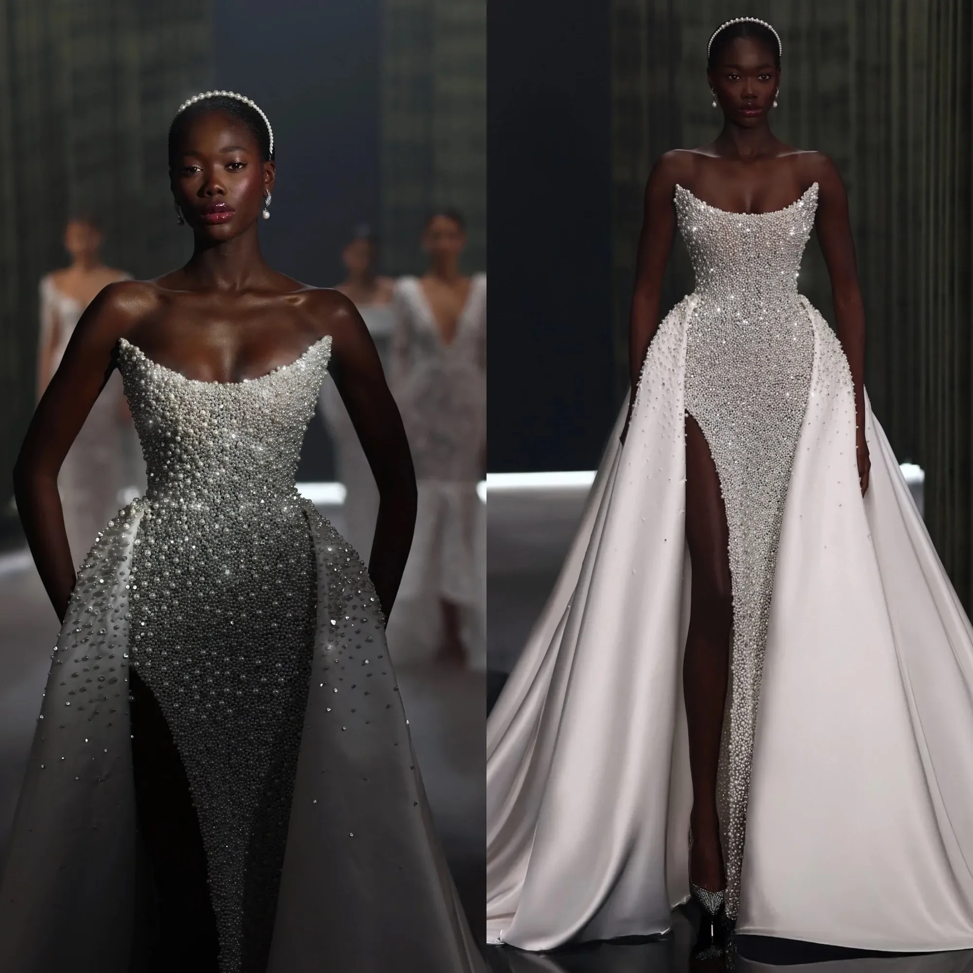 

Strapless Pearls Wedding Dresses Vintage Beaded Mermaid Bridal Gowns Customized Sleeveless Detachable Train Robe De Mariée