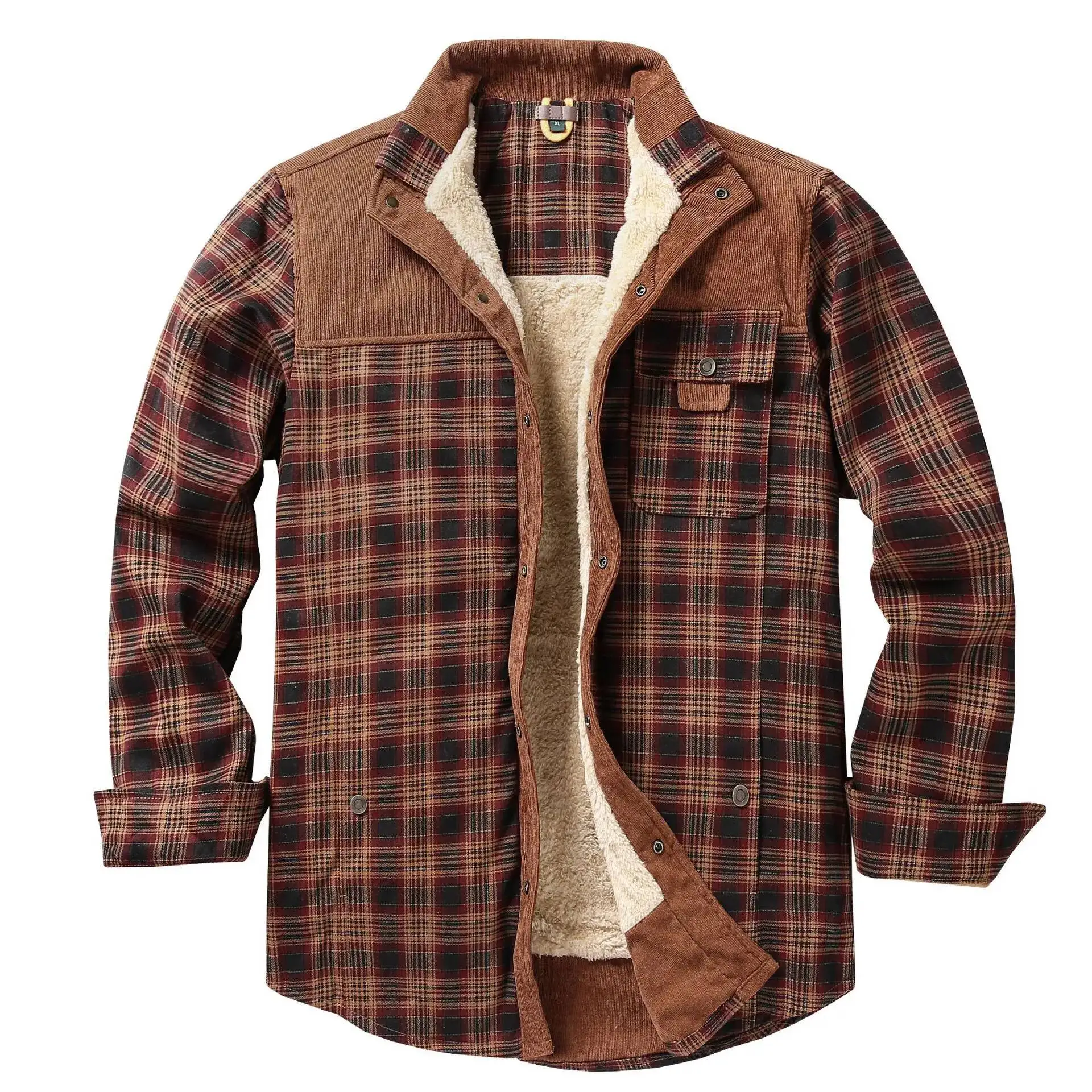 

EU Men's Flannel Shirt Warm Fleece Lined Plaid Long Sleeve Coat Cotton Outdoor Casual Shacket For Men Winter Jacket