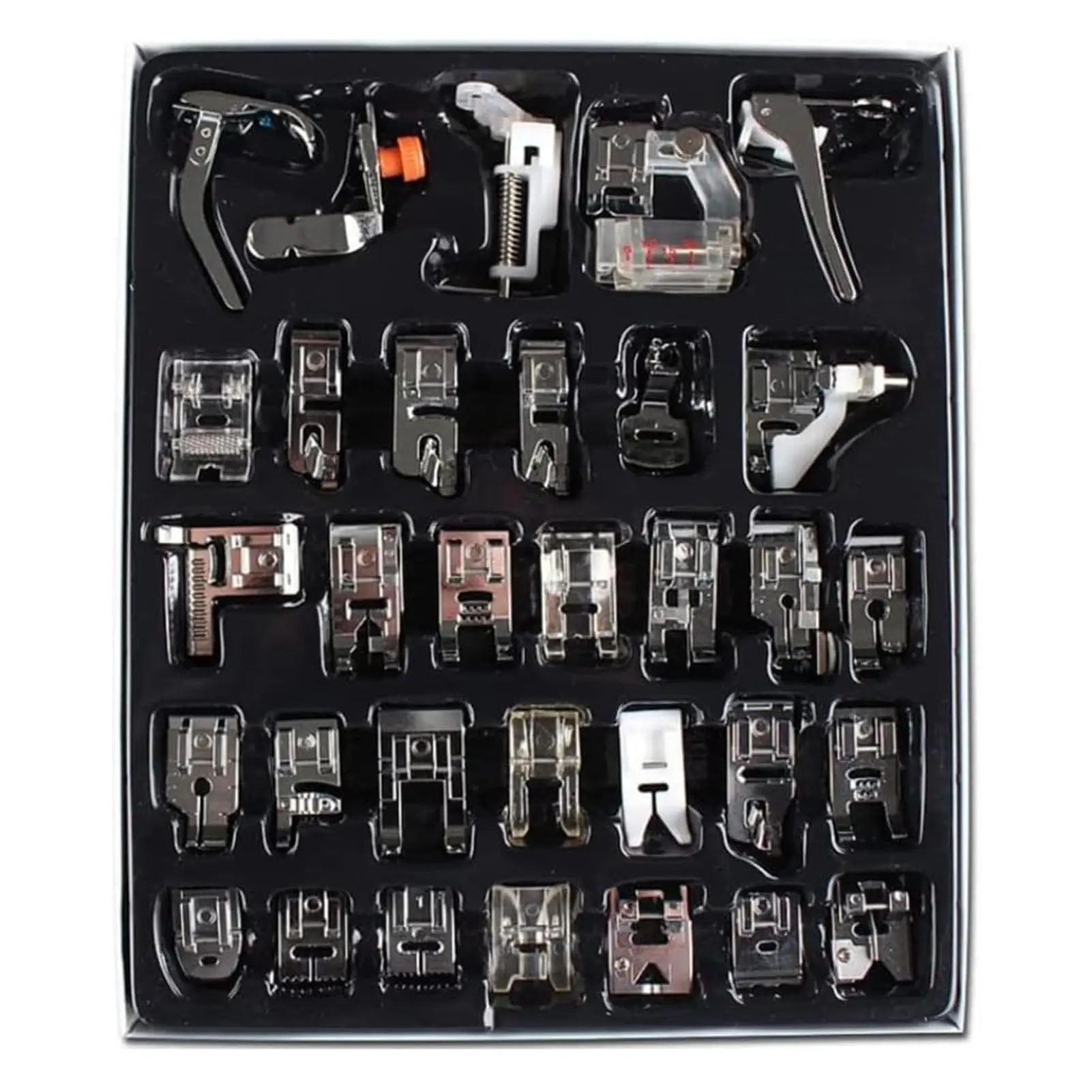 Многофункциональный набор прижимных лапок 32 в 1. |   Необходимый универсальный набор прижимных ножек с низким хвостовиком для квилтинга, молнии и пуговиц