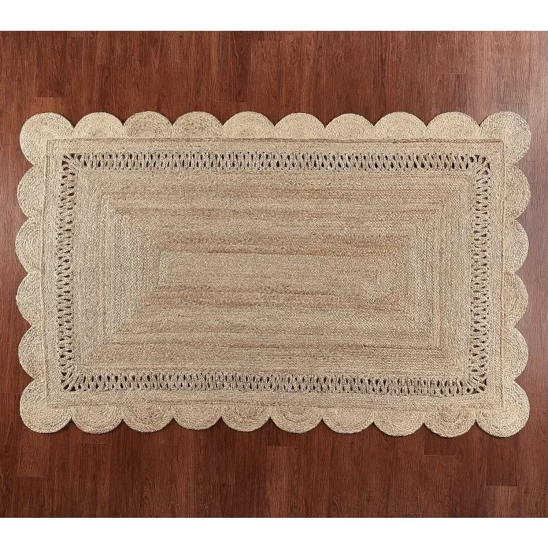 Scalloped Edge Rugs Jute Braided Style Rectangle Carpet Modern Area Rugs