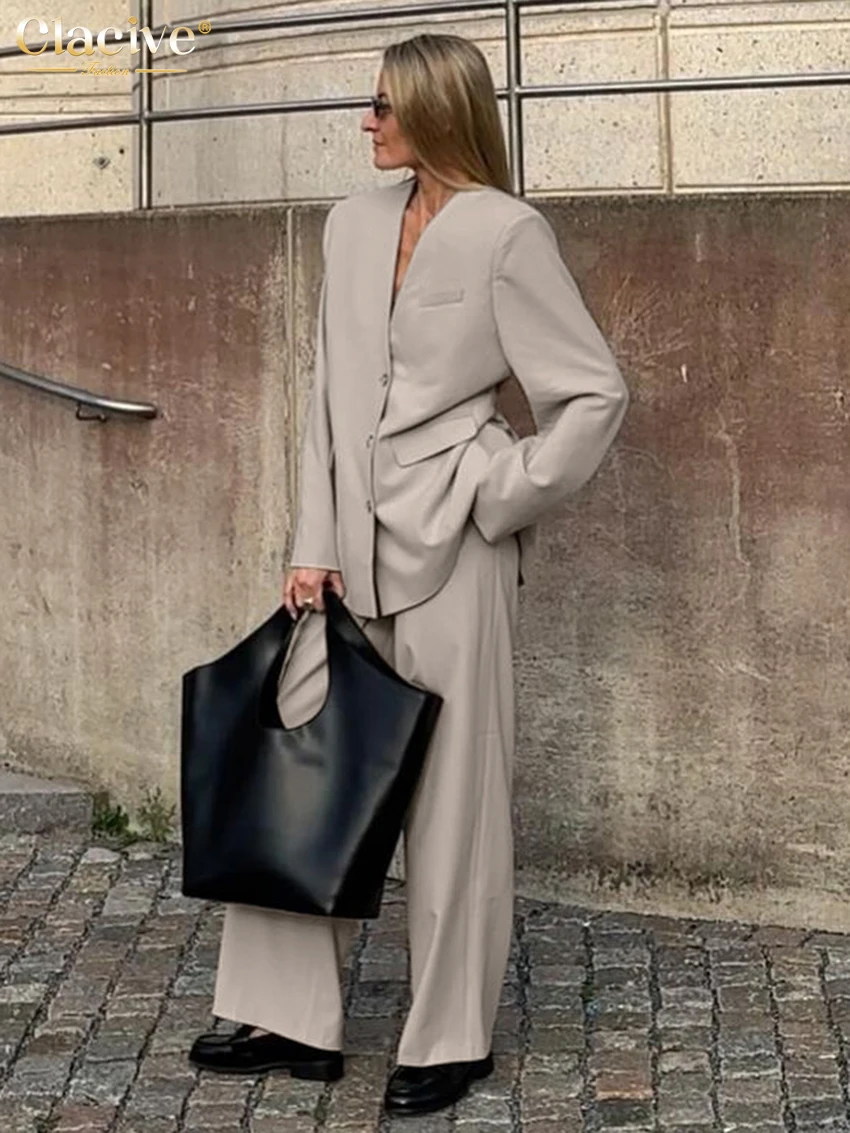 

Clacive Fashion Loose Khaki Office Women's Two Pieces Set 2025 Elegant Long Sleeve Blazer With High Waist Wide Pants Set Female