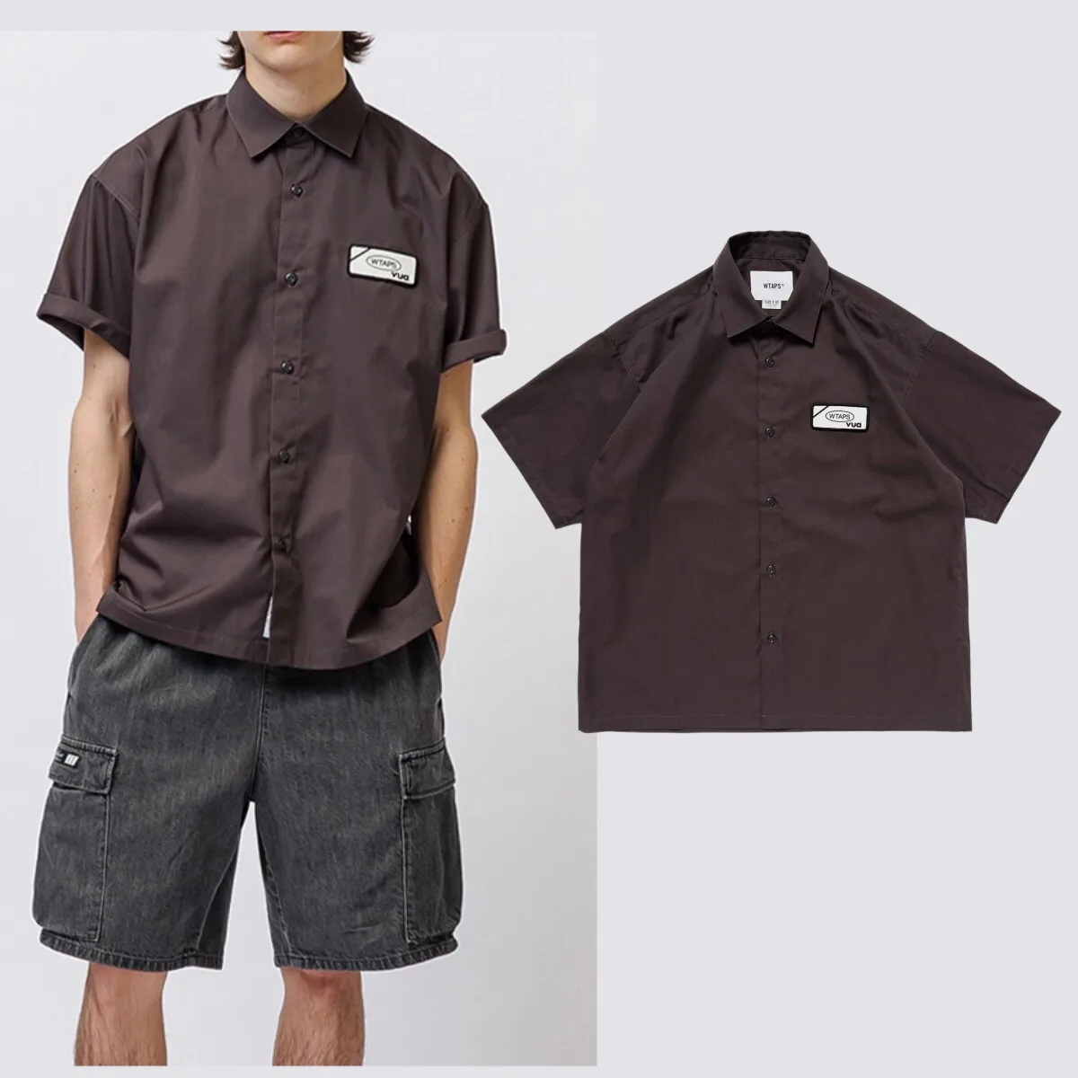 WTAPS Japanese Streetwear Men's Summer Short Sleeve Shirt Relaxed Fit Workwear Style Brown Casual Collared Shirt Vintage Top