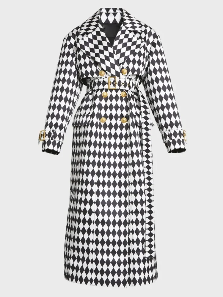 HIGH Quality Newest Fall Winter 2024 Designer Overcoat Women\'s Rhombus Diamonds Printed Long Trench