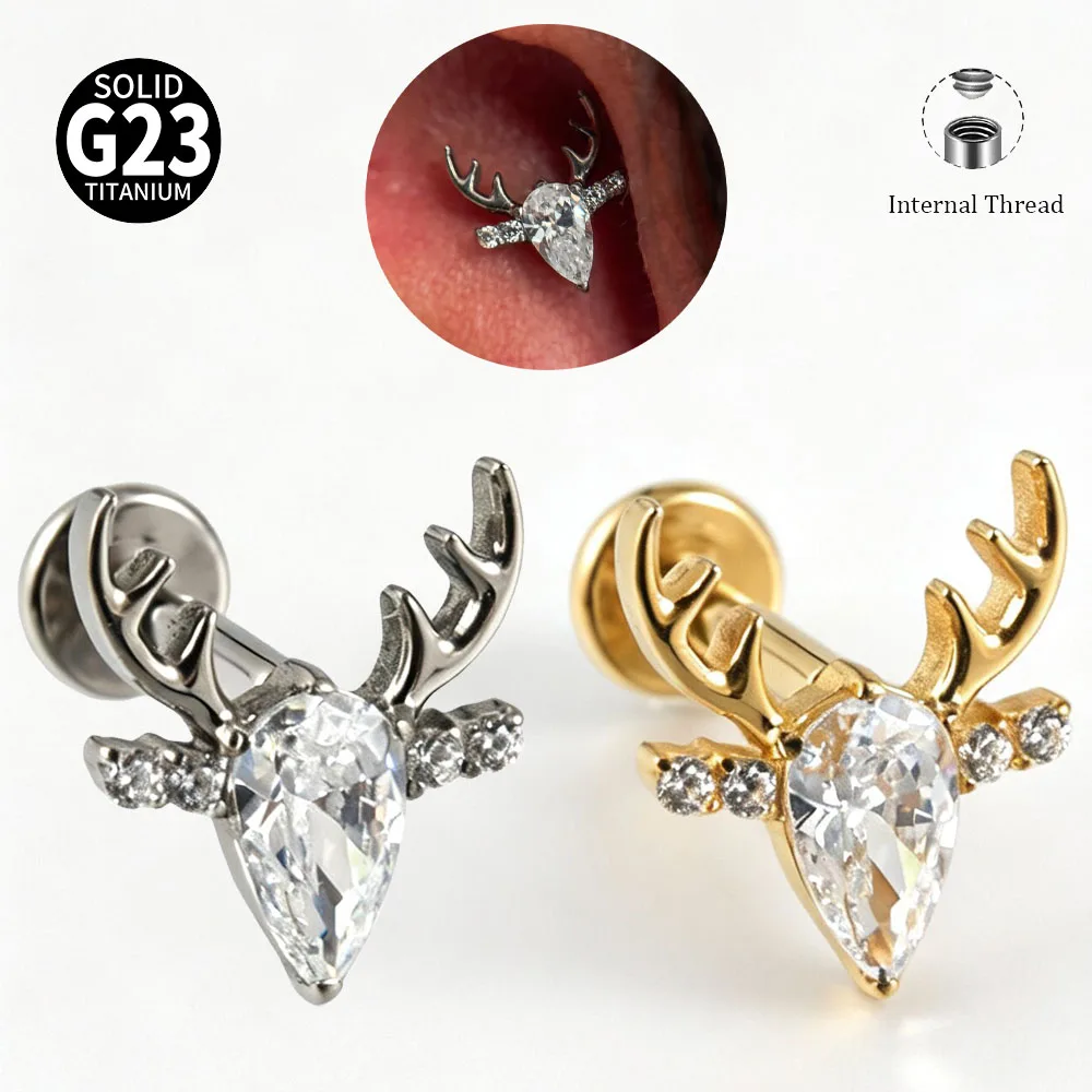 G23 Titanium Deer Antler Labret Stud Water Drop Zircon Internal Thread Cartilage Tragus Helix Ear Piercing Body Piercing Jewelry
