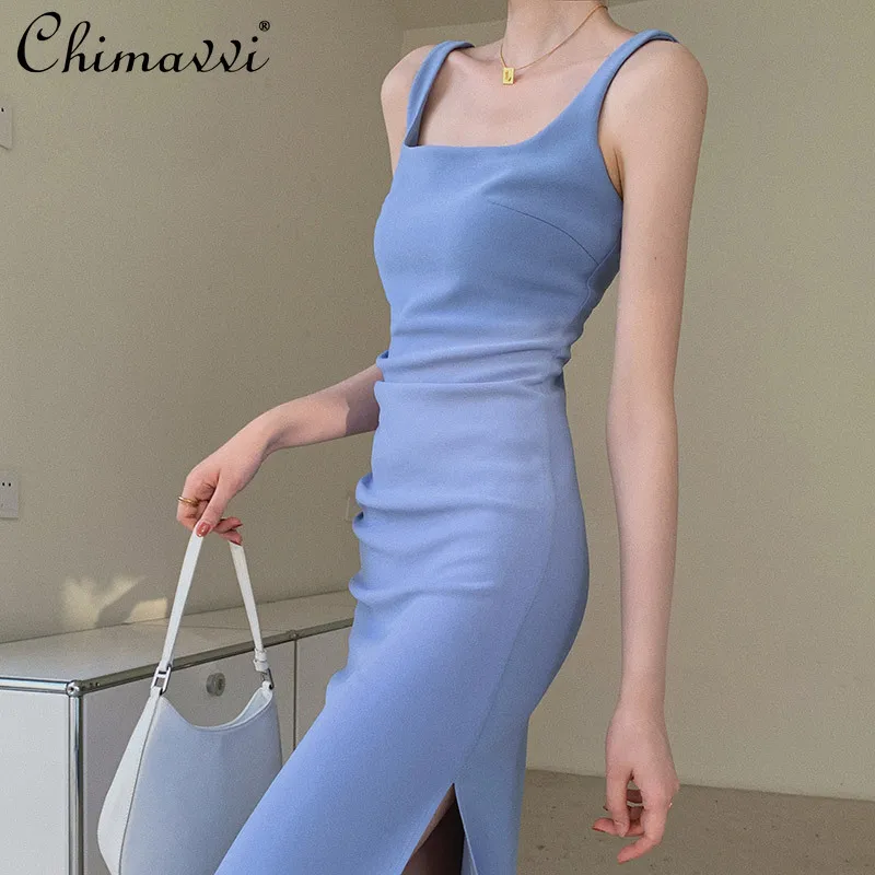 

French Elegant Hepburn Style Blue Sling Dress Women Summer Sleeveless Square Neck High Waist Slim Hip-wrapped Split Long Dress