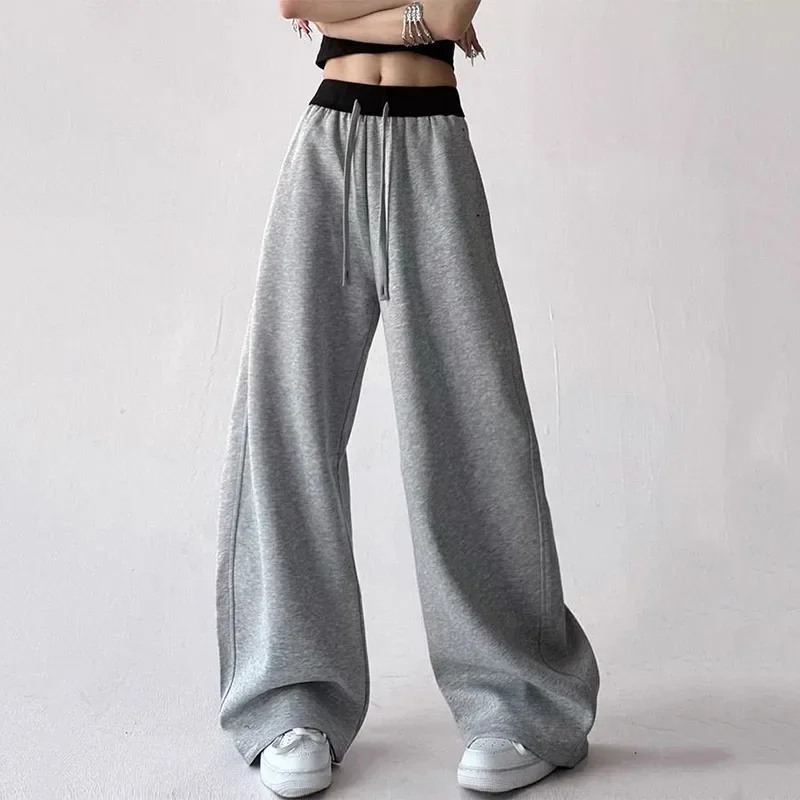 Autumn Winter 2026 Contrast Spliced Sweatpants Women Streetwear Loose High Waist Wide Leg Trousers Female All-match Casual Pants