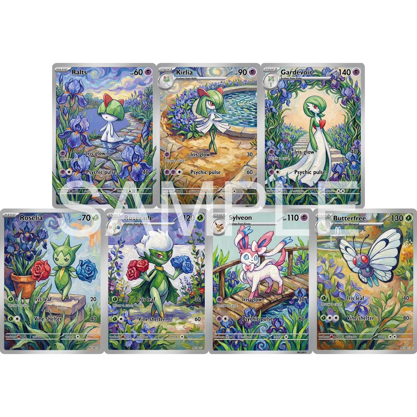 7Pcs PKM Cards PTCG Van Gogh Style Ralts Kirlia Gardevoir Roselia Roserade Sylveon Butterfree Custom Art Set Cards PTCG Gift