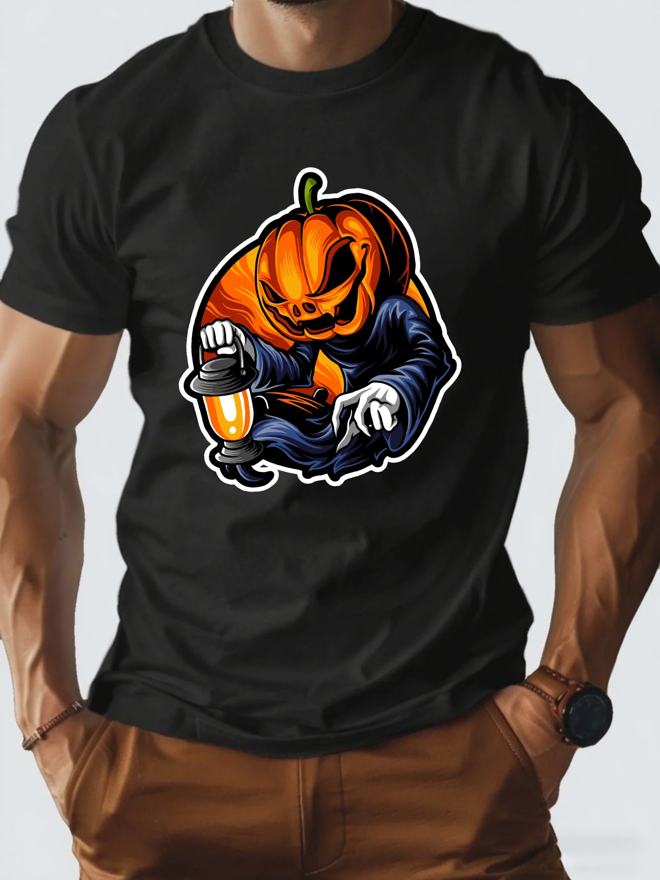 

Vintage Halloween Pumpkin Skull Graphic T-Shirt for Men, Spooky Style Short Sleeve Tee, Casual Pumpkin Print Tops