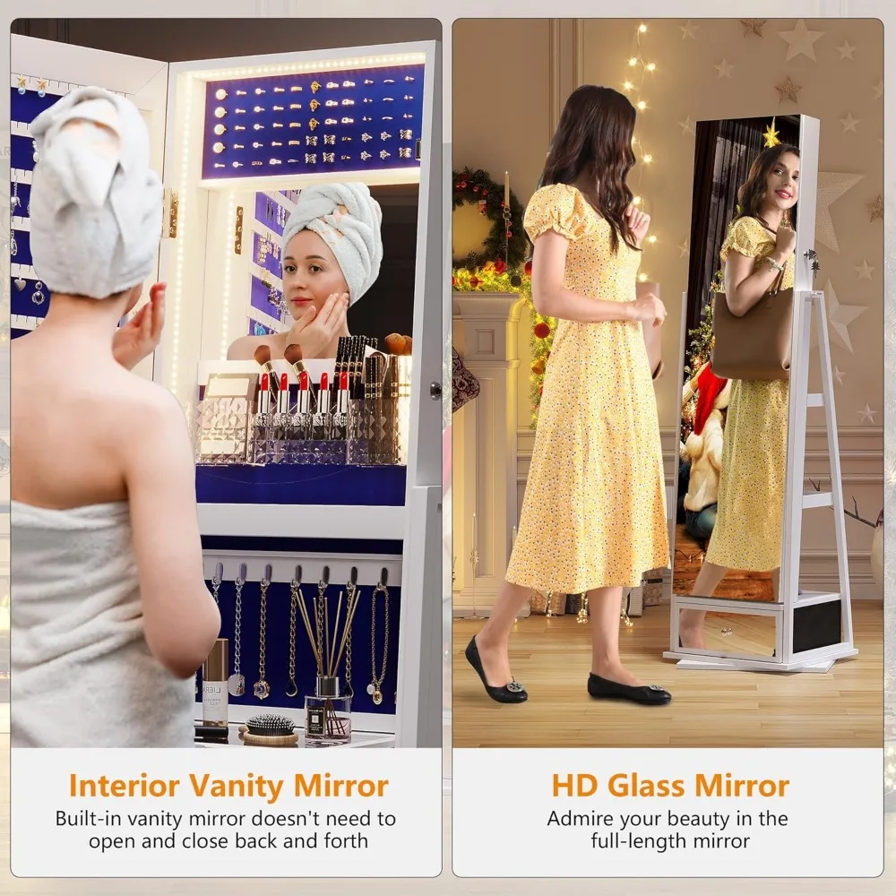 Swivel Jewelry Cabinet with LED Light - Rotatable Standing Full-Length Mirror with Storage and Drawer, Lockable Jewelry Armoire image 5