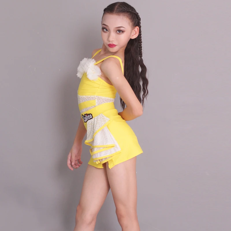 

Yellow lace patchwork summer girls performance costume Latin dance costume high-end standard dress for children Latin dance