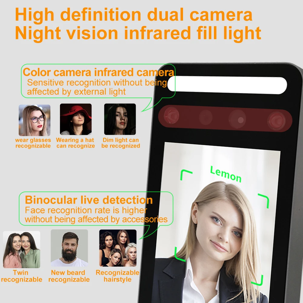지문 및 얼굴 인식 문짝 출입 제어 와이파이 TCP IP, 5 인치 화면, IR 카메라, RFID 카드 리더, 출근 시간 표시 장치