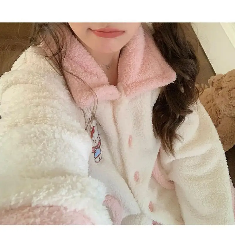 

Популярные пижамы и пижамы Kawaii Hellokitty, топы из 2 предметов для девочек, мягкие утепленные брюки с длинными рукавами, милый универсальный повседневный комплект домашней одежды