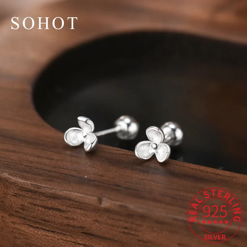

Real 925 Sterling Silver Geometric Flowers Personality Sweet Stud Earrings for Charm Women Screw Bead Fine Jewelry Accessories