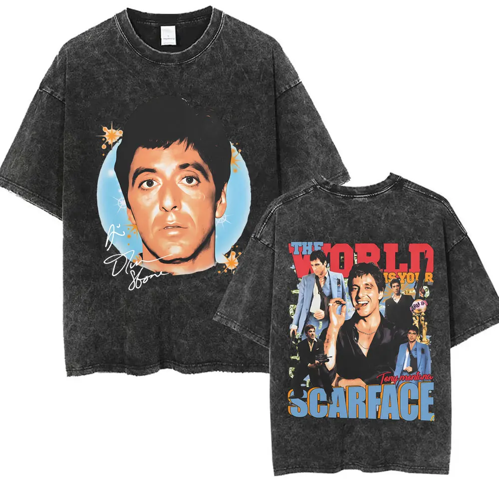 

90s Classic Gangsters Movie The World Is Your Tony Montana Scarface Washed Vintage T-shirt Al Pacino T-shirs Men Retro T Shirts