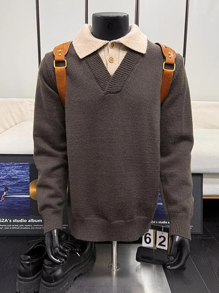 

Мужской зимний утепленный свитер с воротником в американском ретро-стиле, имитация двухслойности, с эффектом многослойности, для ношения под одеждой.