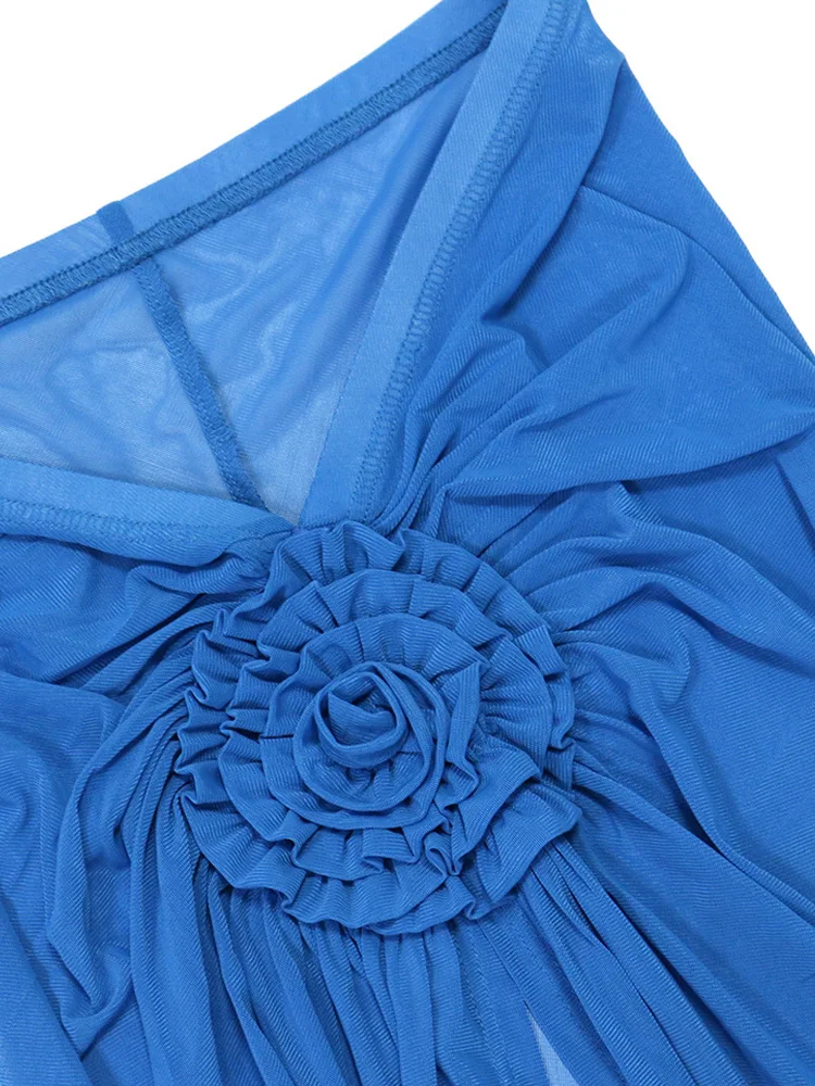 Beyprern ผู้หญิง ROYAL BLUE 3D ดอกไม้ชุดบิกินี่ 3 ชิ้นชุดฤดูร้อน SHEER ตาข่าย Blossmed Ruched ชุด COVER-Up ชุดว่ายน้ํา