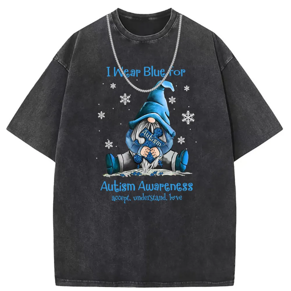 I Wear Blue For Autism Awareness Funny T-shirts For Man Long Sleeve Tee Shirts Vintage Men Printed Washed Cotton Sweatshirts