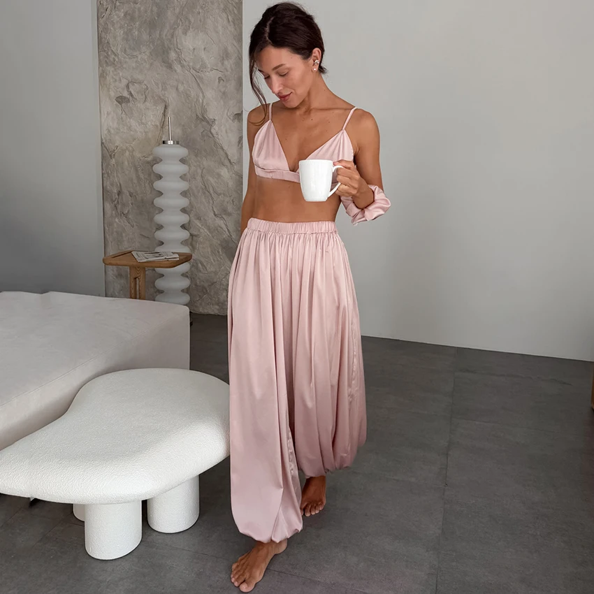 Elegant White Satin Trousers Suits Pajamas Sexy Crop Top Vest With Wide Leg Pants 2 Piece Set Summer Casual Sleepwear Women 2026