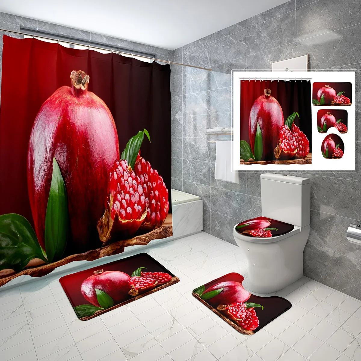 4 Piece Set Pomegranate Shower Curtain with Non-Slip Bath Mat,Toilet Lid Cover and Delicious Fruit Closeup Shower Curtain Set