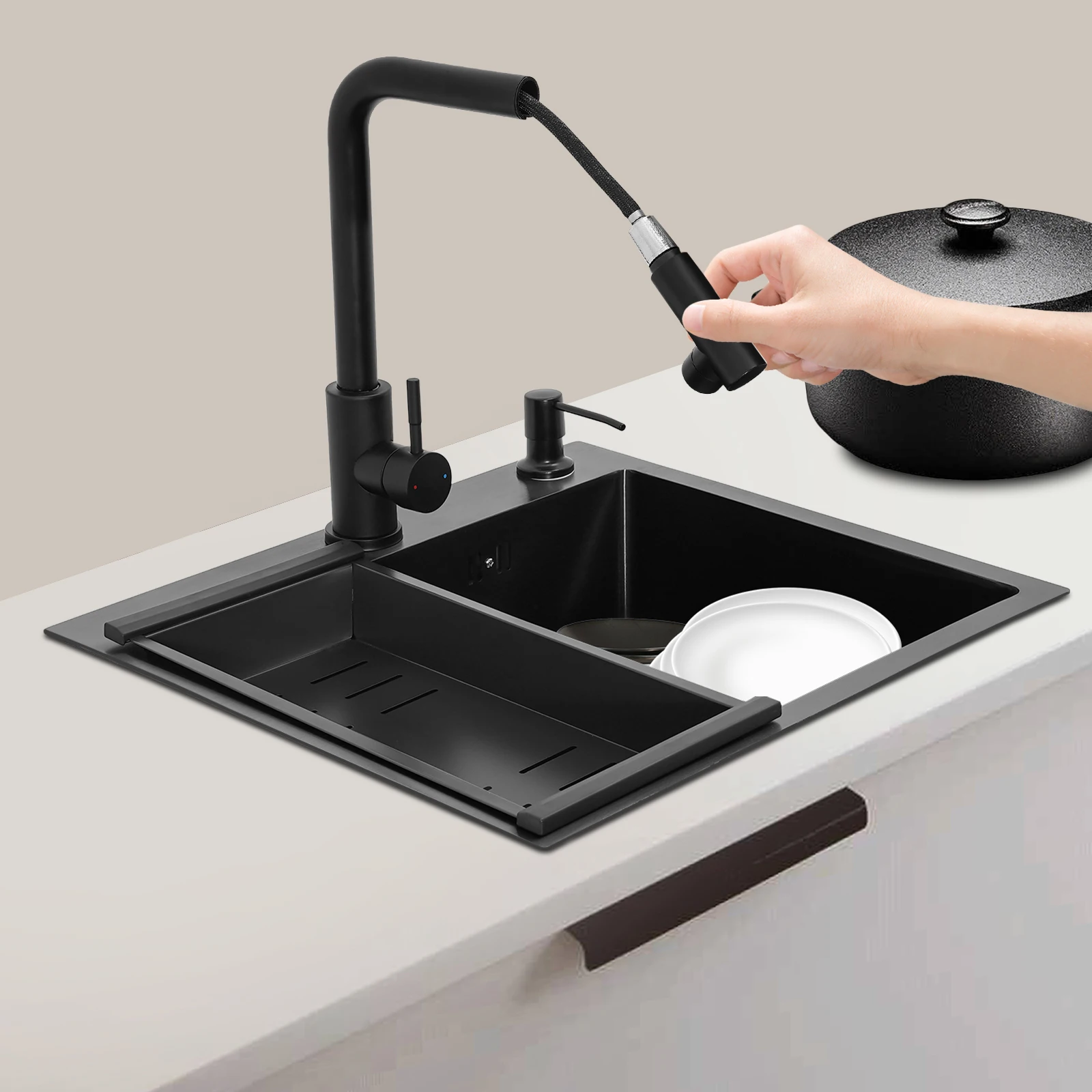 Fregadero rectangular de acero inoxidable para cocina, un solo cuenco, con escurridor, grifo extraíble para hogares y restaurantes