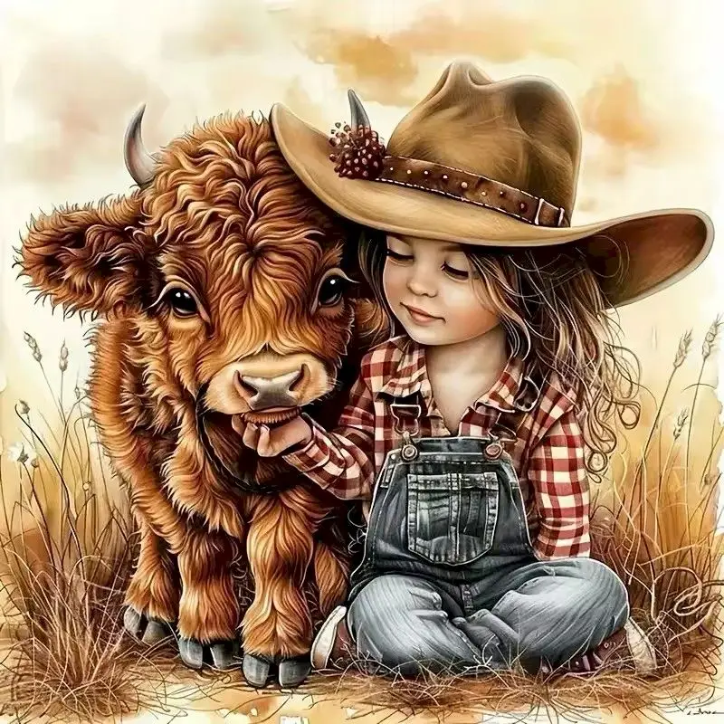 

PhotoCustom Cow Diamond Painting Animal Picture Rhinestones Girl Complete Kit Full Round Mosaic Bedroom Decoration