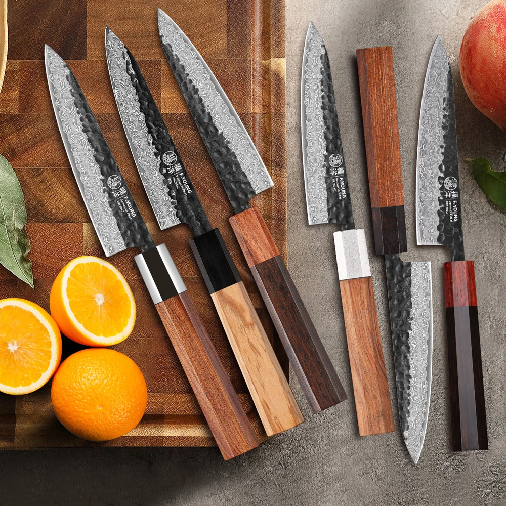 F.YOUNG 5-inch Japanese Hand Forged Kitchen Utility Knife Damascus Steel Chef Knives Sharp Vegetable Fruit Paring Cooking Tools