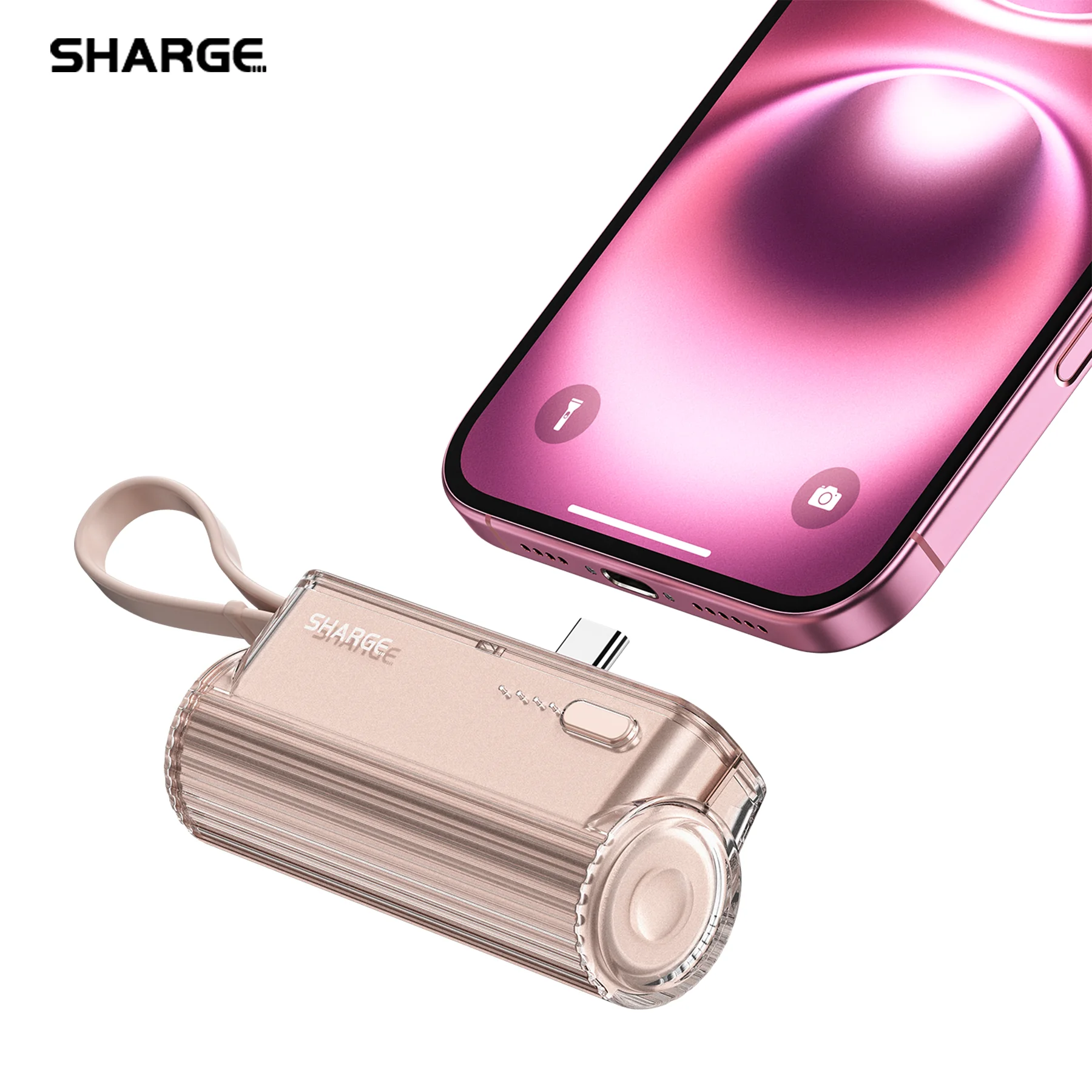 Sharge Flow Mini Portable Charger 5000mAh Small Power Bank for iPhone 16/14 with Changeable Plugs and Built in Cable