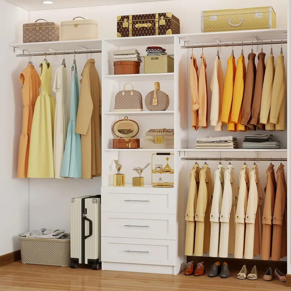 

3-Drawer, 8-Tier Wood Walk-In Closet Organizer with Top Shelves or Expandable Rods, 96 Heavy-Duty System, Cut to Fit 4-8 Drawers